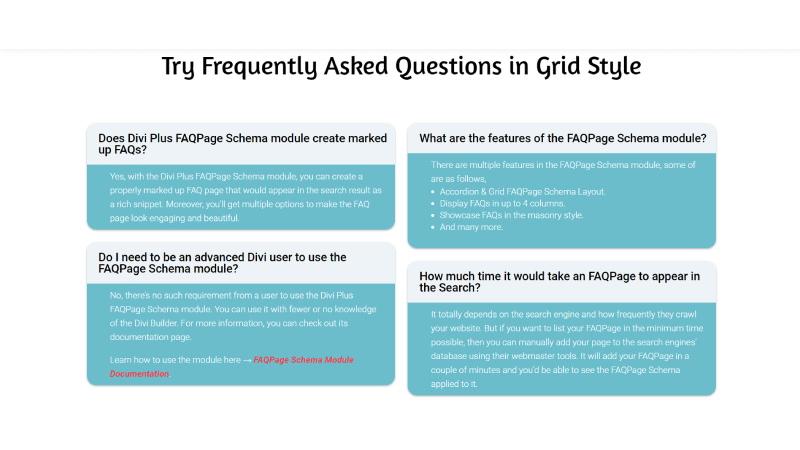 D+ FAQPage Schema – Try Frequently Asked Questions in Grid Style